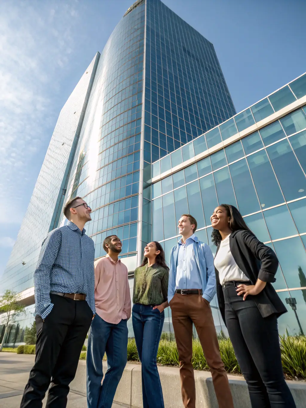 A diverse group of people standing in front of a modern European bank, symbolizing accessibility and financial inclusion.