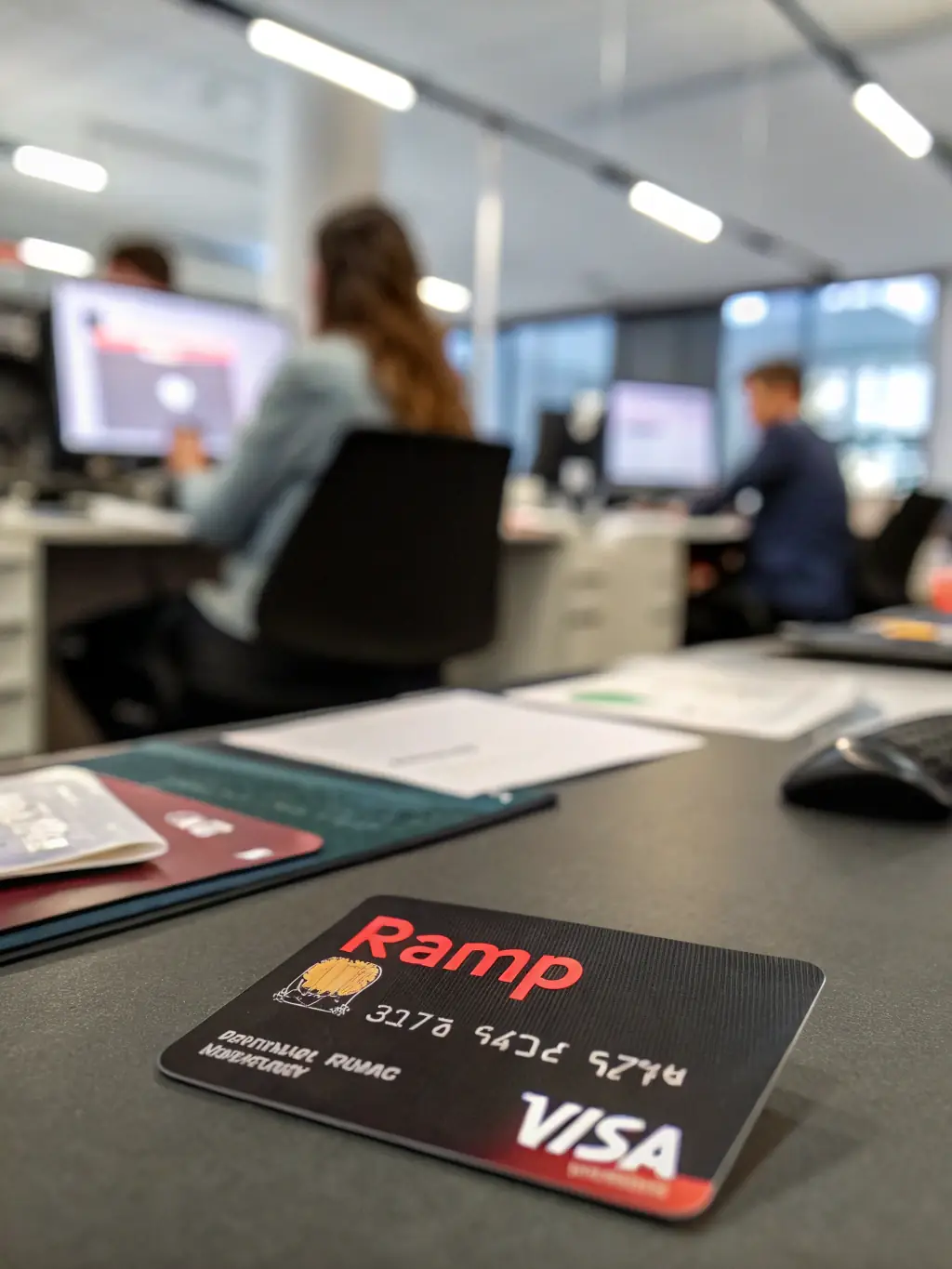 A professional, close-up shot of a Ramp card, emphasizing its sleek design and security features. The card should be resting on a modern desk with a laptop in the background, subtly displaying financial data.