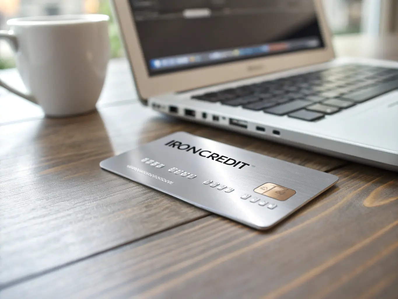 A professional-looking credit card with the Mercury logo on a desk next to a laptop displaying financial data, symbolizing Mercury's card services.