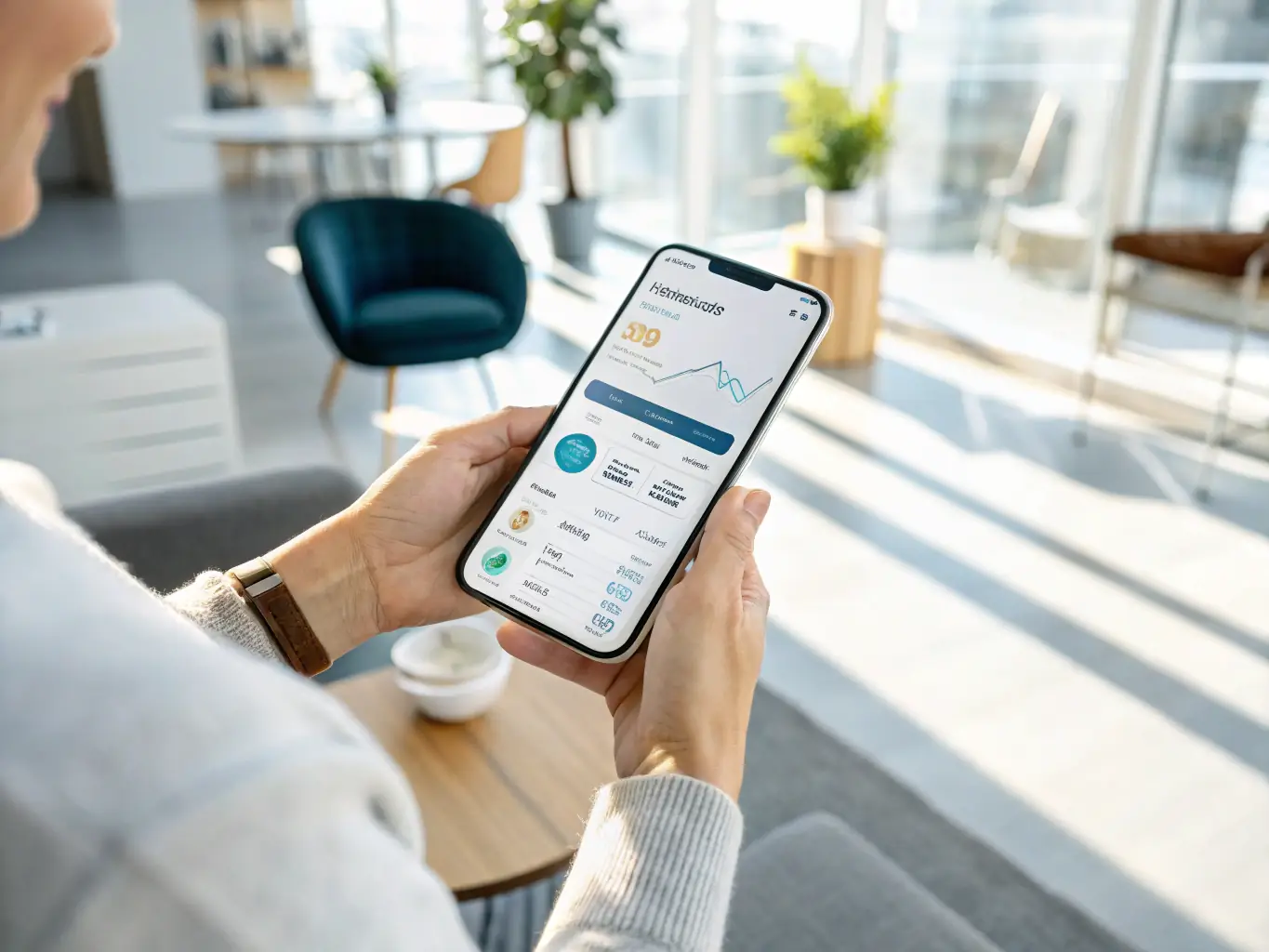 A professional shot of a person using a mobile banking app powered by Tink, showcasing a seamless and user-friendly interface with clear financial data visualizations.