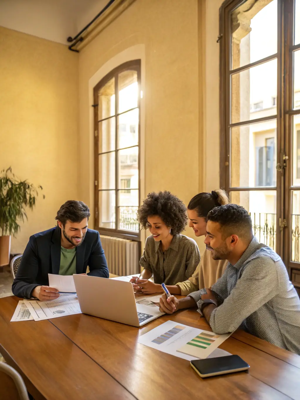 A photograph of a diverse team of professionals collaborating in a modern office setting, using Ramp's financial tools on their laptops and tablets. The image should convey efficiency and teamwork.