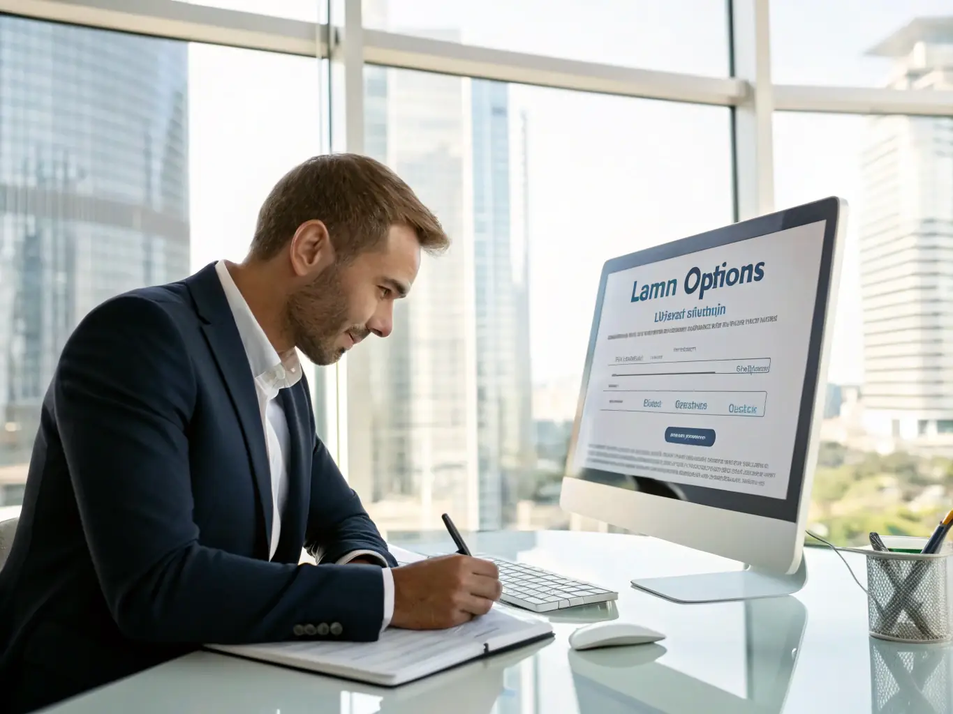 A person reviewing loan documents with a Mercury logo subtly placed in the background, representing Mercury's loan services.